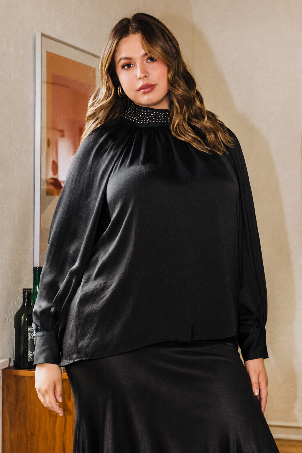 Solid Colors - Satin Blouse with Embellished Mock Neck