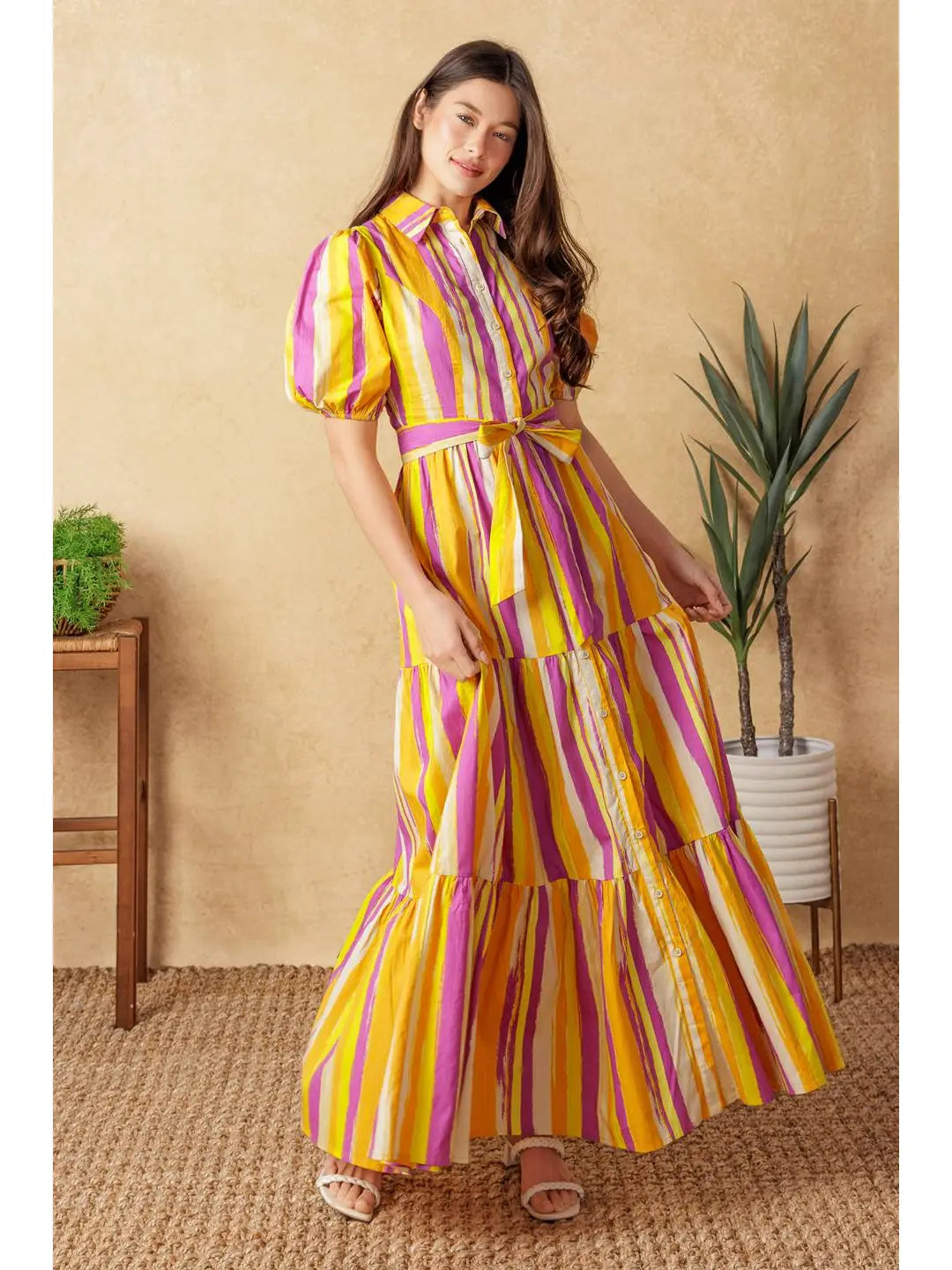 Sunset Stripe Tie-Waist Maxi Dress