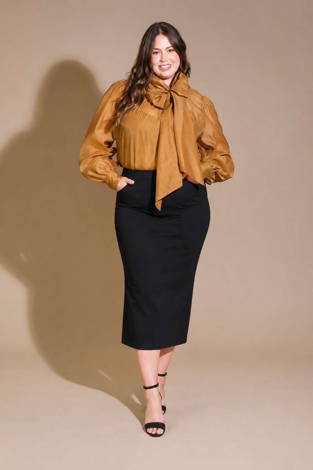Golden Caramel Satin Bow Blouse with Balloon Sleeves