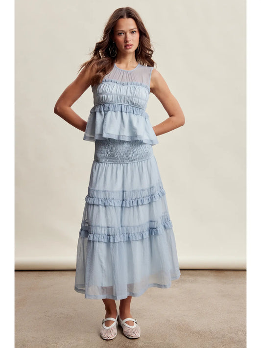 Blue Tiered Ruffle Mesh Maxi Dress
