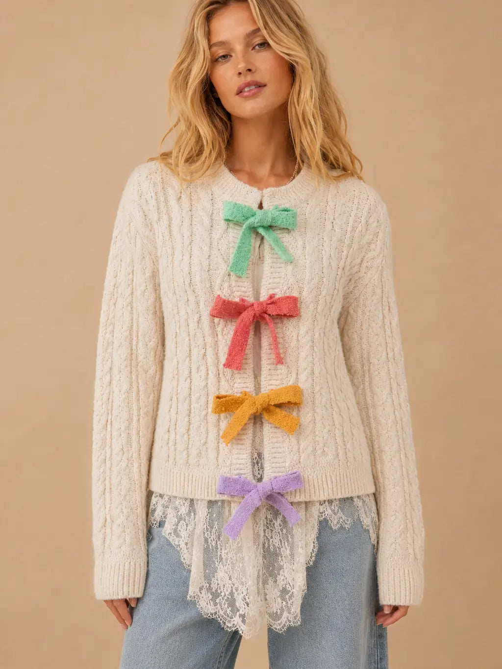 Pastel Bow Cable Knit Cardigan