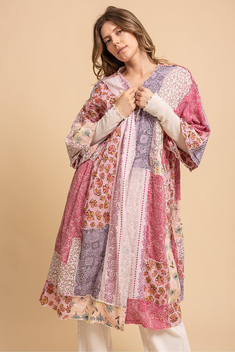 MULTI PRINT BLOCKED EXPOSED SEAM WIDE 3/4 SLEEVE DUSTER KIMONO