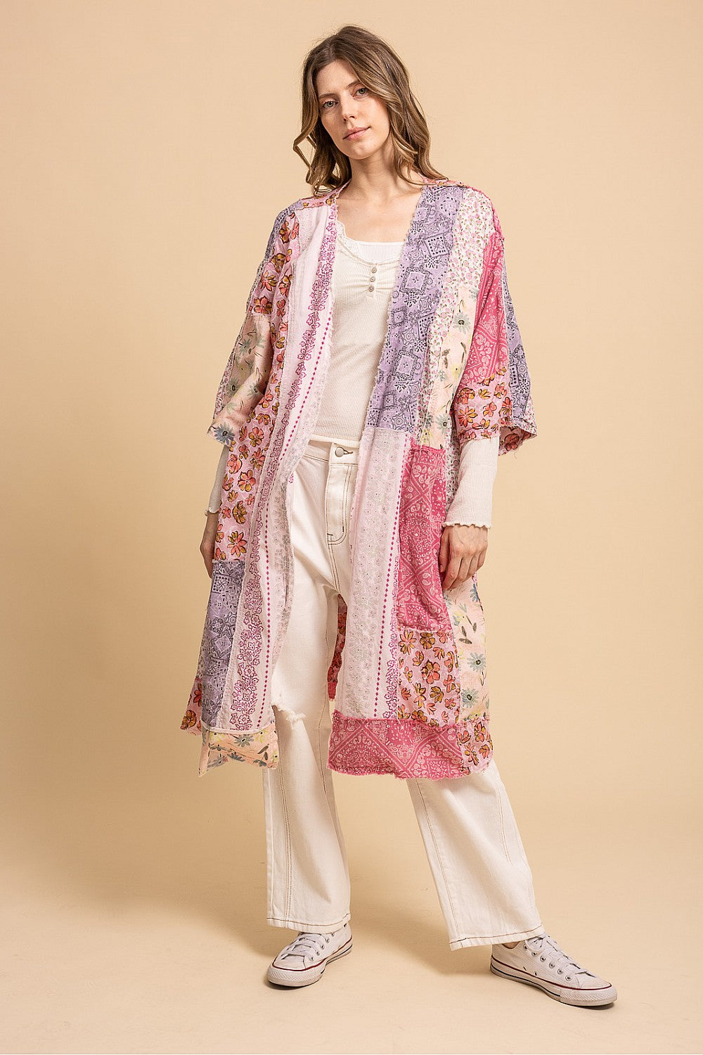 MULTI PRINT BLOCKED EXPOSED SEAM WIDE 3/4 SLEEVE DUSTER KIMONO