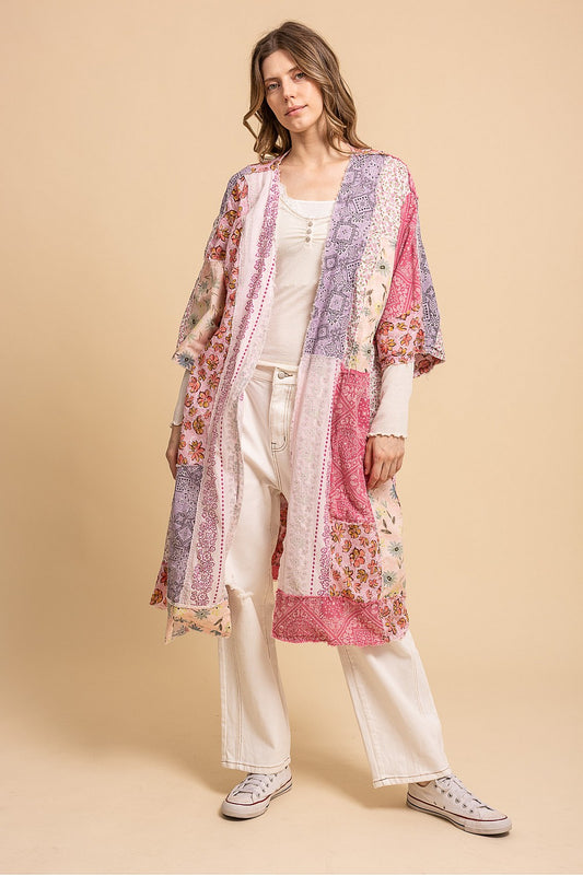 MULTI PRINT BLOCKED EXPOSED SEAM WIDE 3/4 SLEEVE DUSTER KIMONO