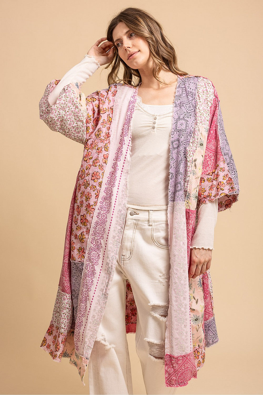 MULTI PRINT BLOCKED EXPOSED SEAM WIDE 3/4 SLEEVE DUSTER KIMONO