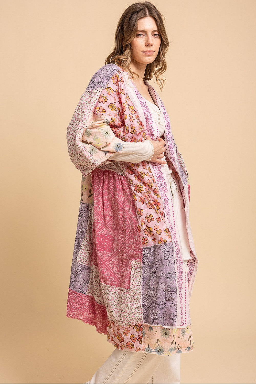 MULTI PRINT BLOCKED EXPOSED SEAM WIDE 3/4 SLEEVE DUSTER KIMONO