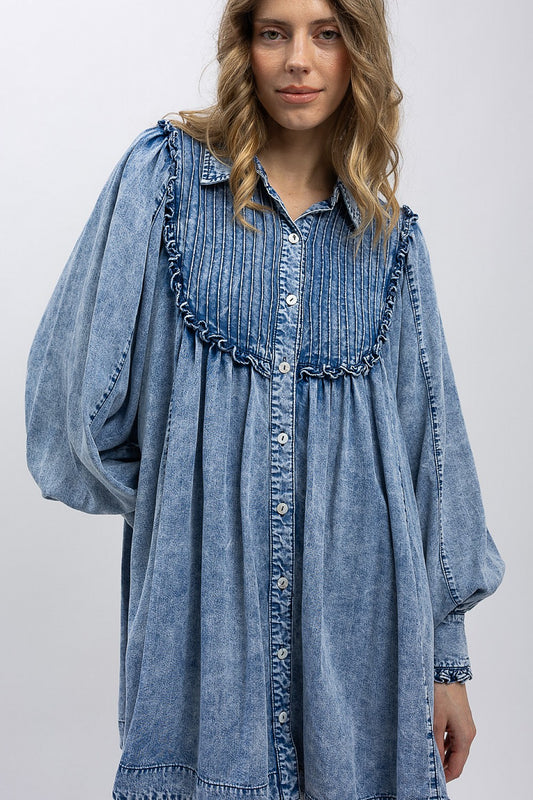 PINTUCK DETAIL WASHED DENIM SHIRT