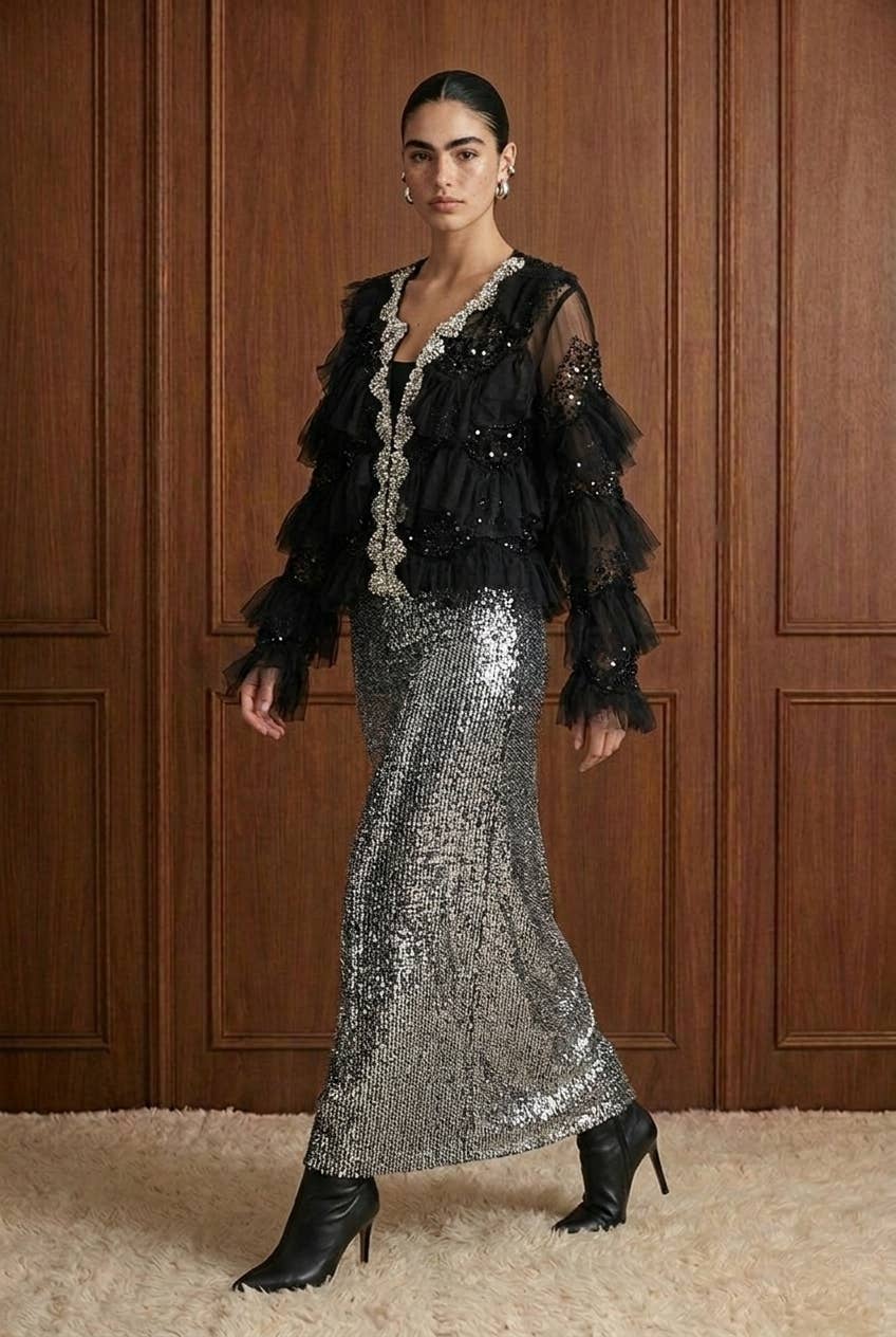 Embellished Tiered Ruffle Mesh Jacket