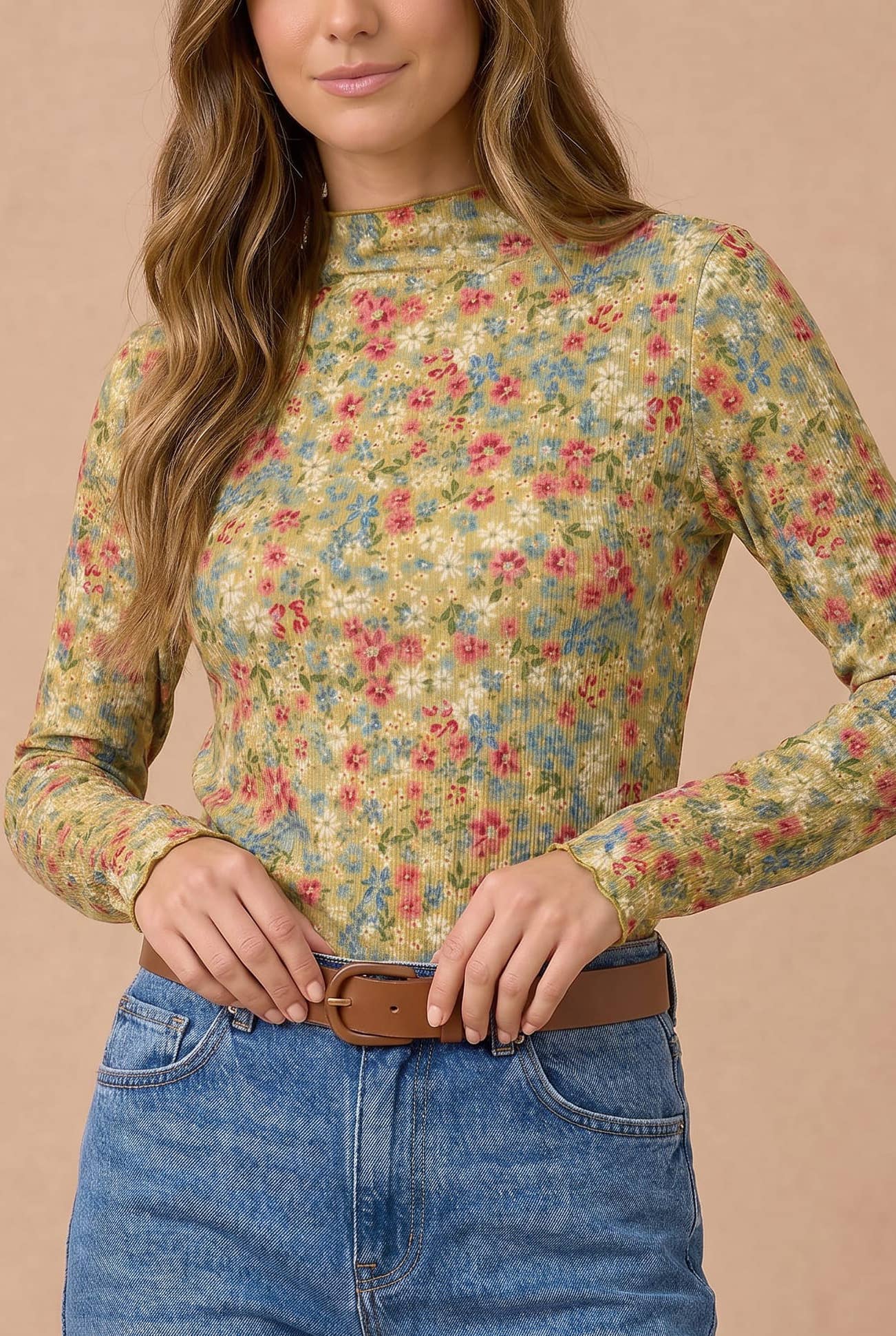 Plus Mock Neck Frilled Floral Print Rib Knit Top