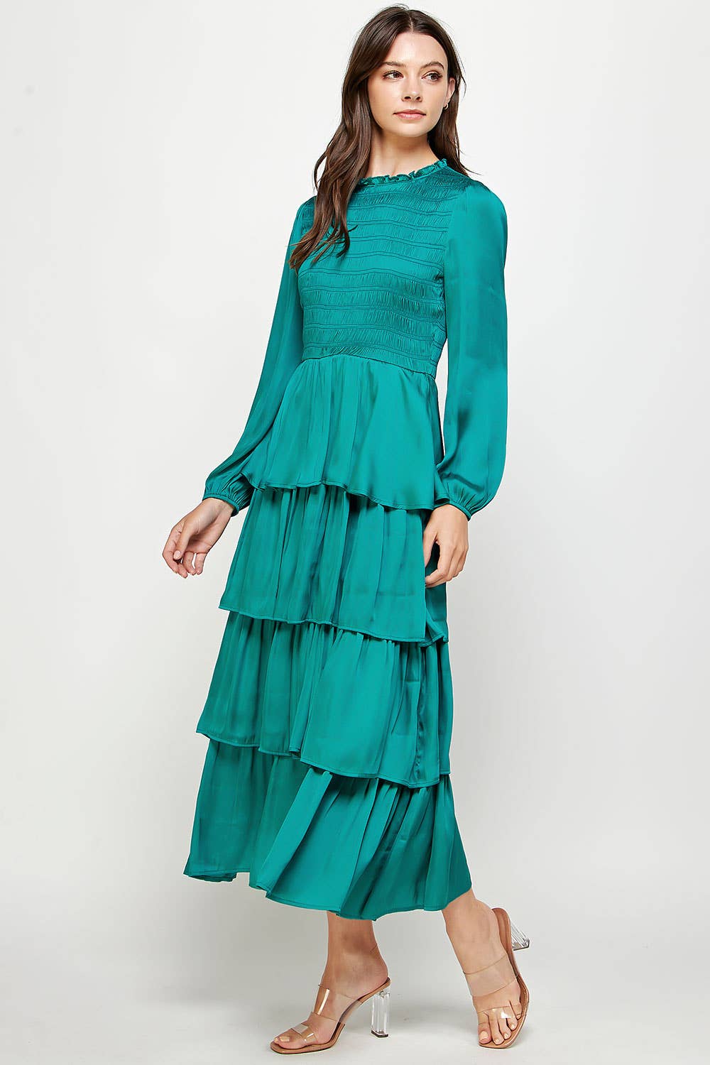 Smocked Detail Satin Tiered Dress