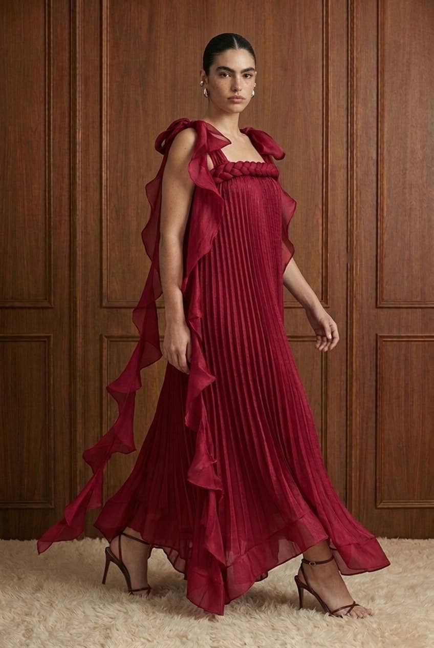 Braided Plissé Ruffle Trapeze Maxi Dress