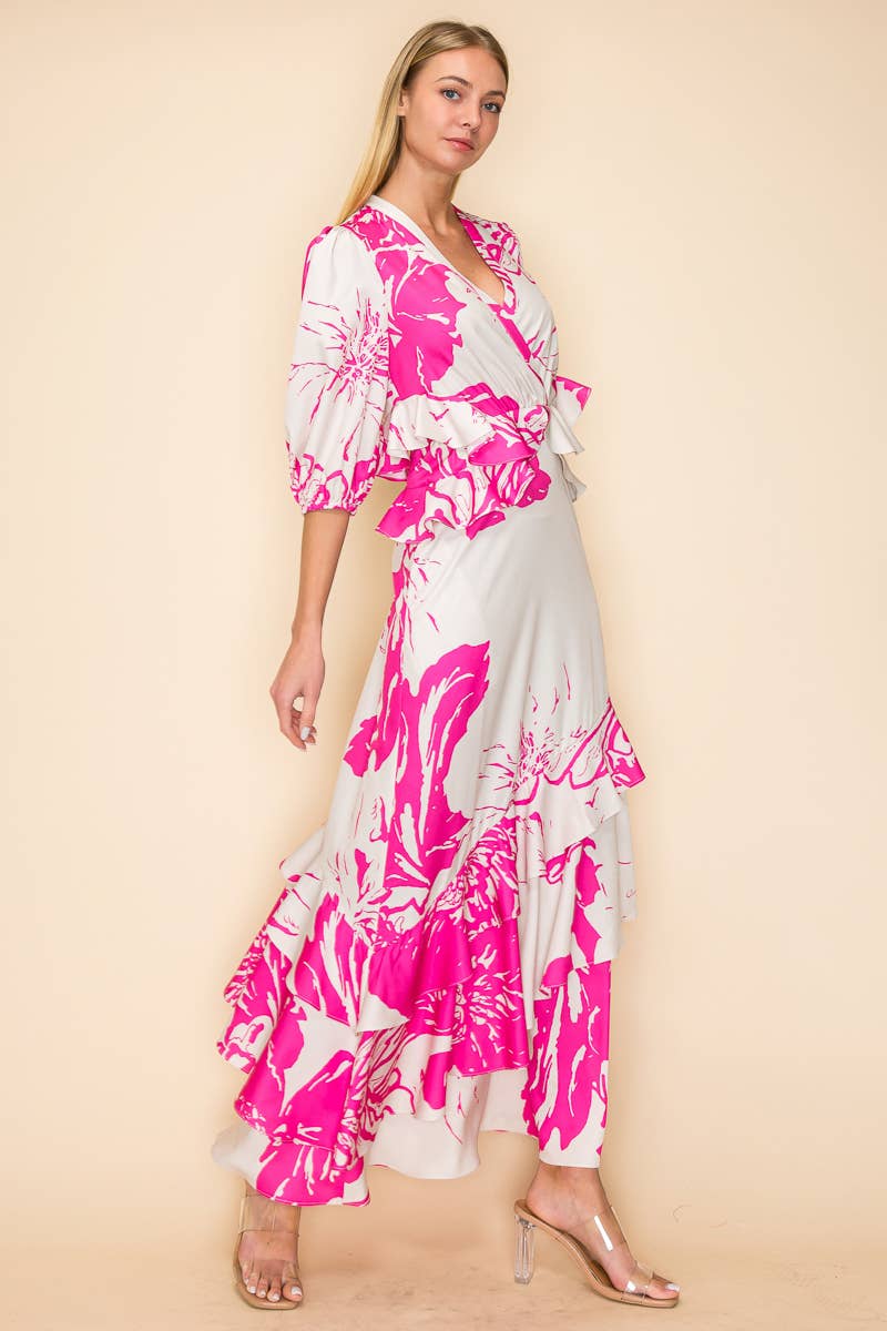 V NECK DRESS WITH RUFFLES AND POCKETS
