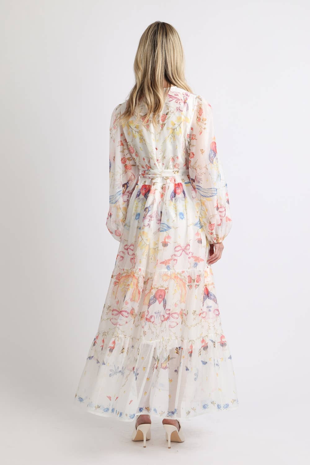 Multicolor Print Sheer Maxi Puff Dress