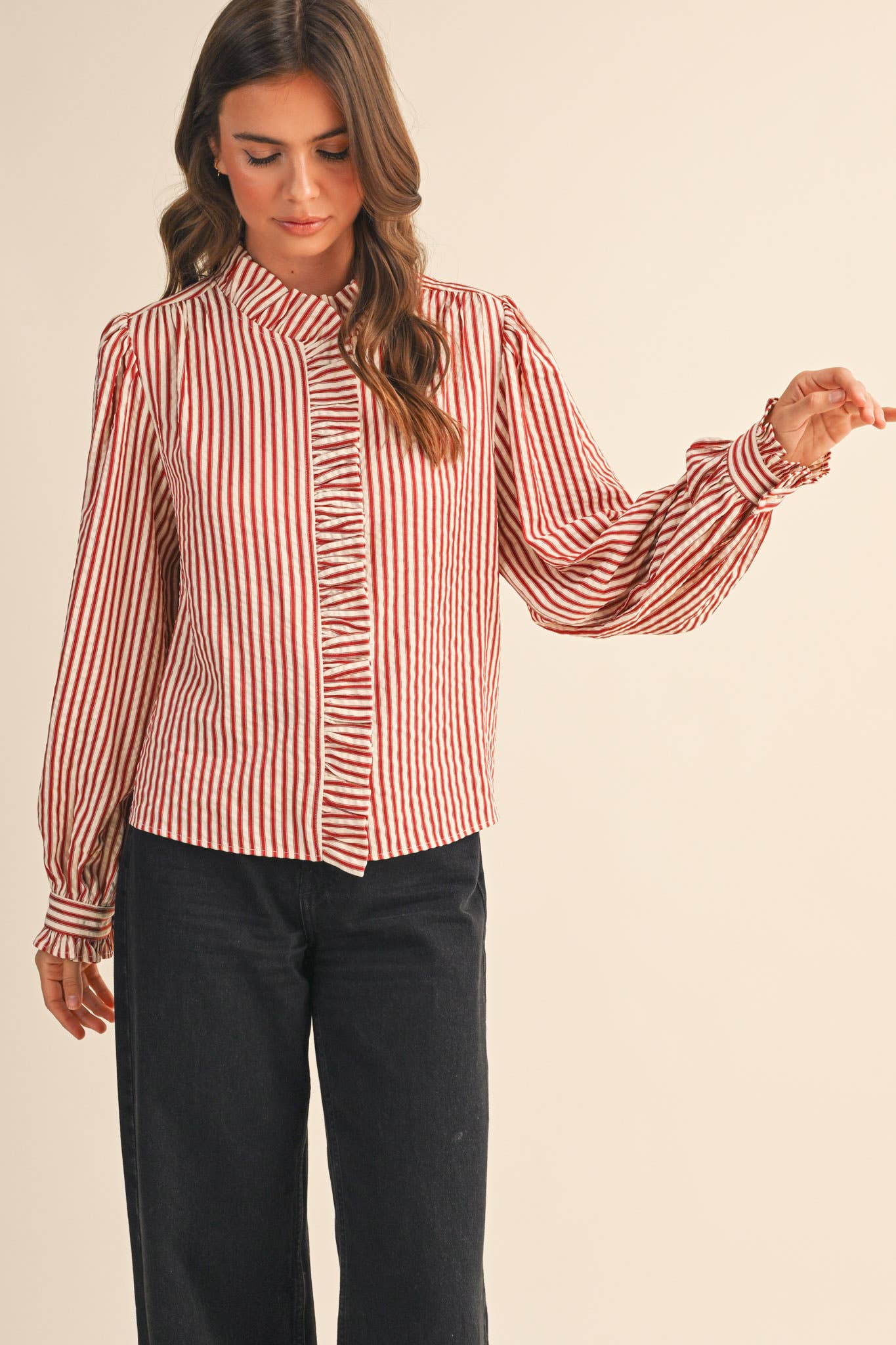 STRIPED RUFFLED BUTTON DOWN LONG SLEEVE TOP MTP4319