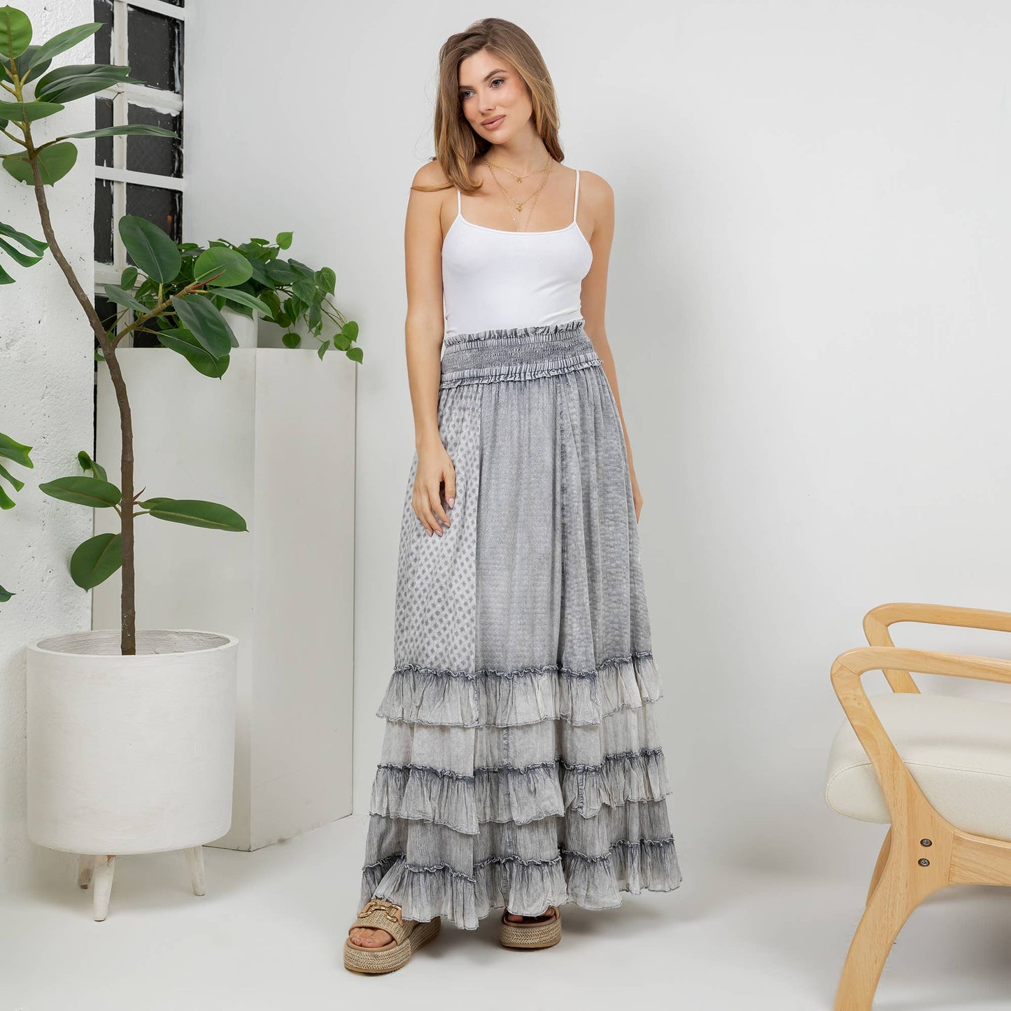 Rustic Smocked Waist Ruffled Tiered Maxi Skirt