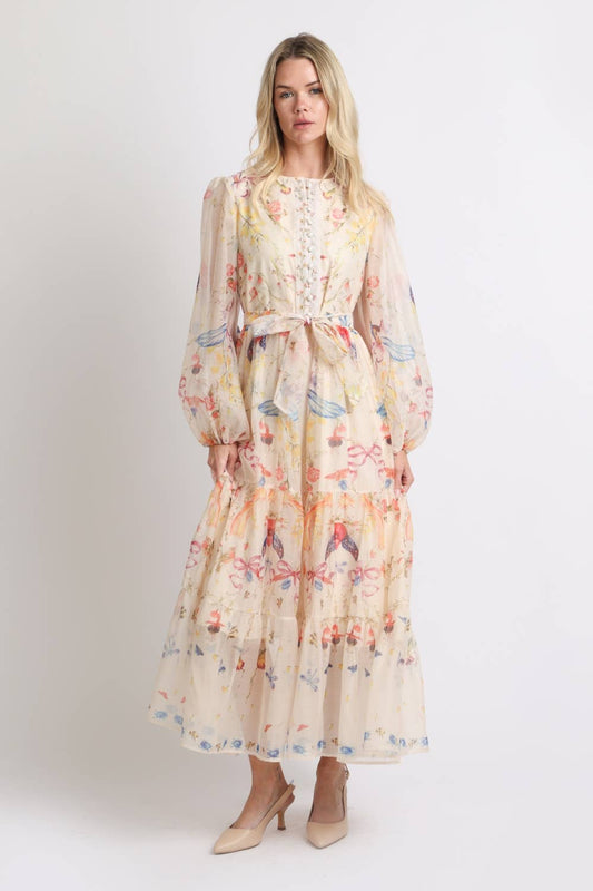 Multicolor Print Sheer Maxi Puff Dress
