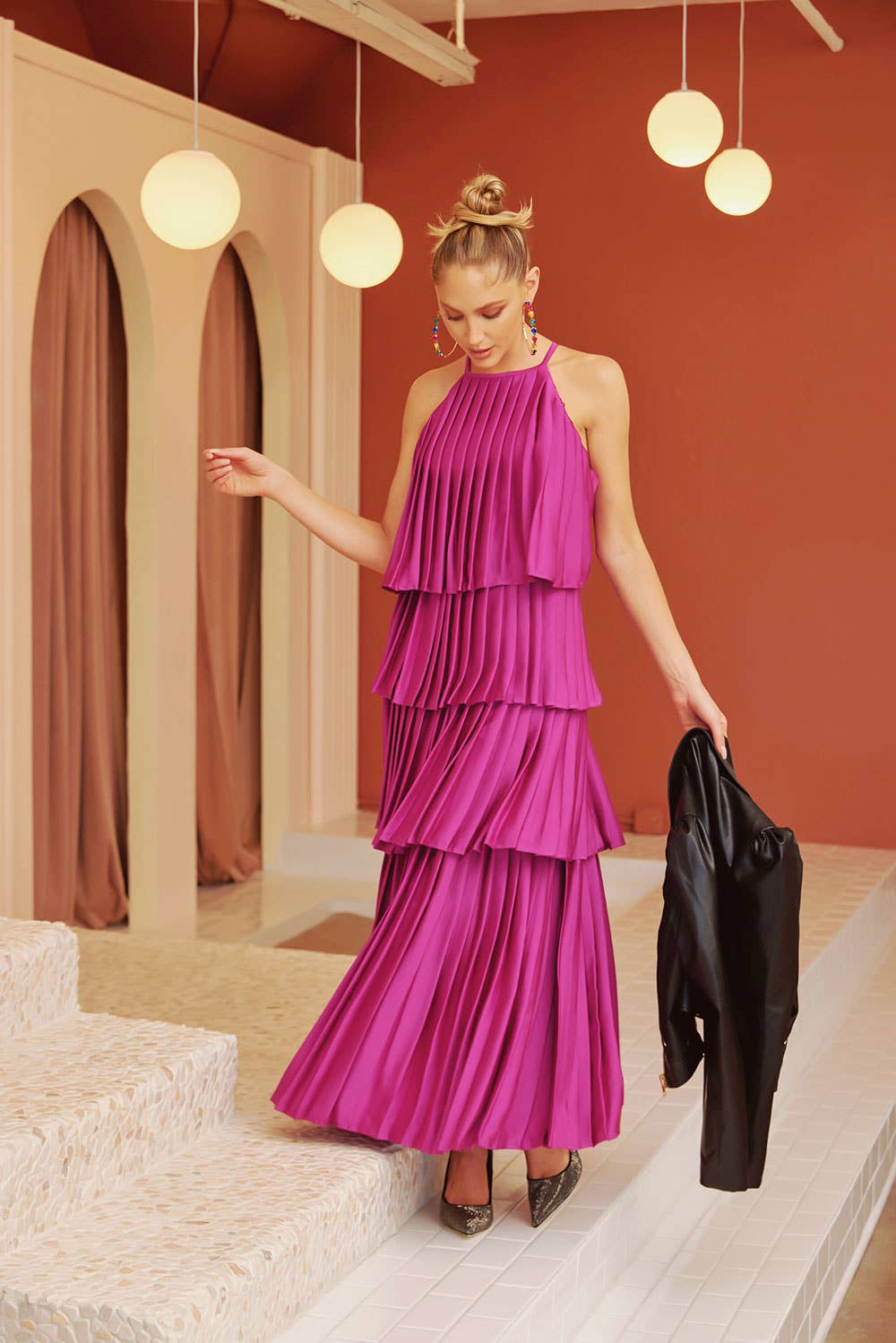 Pleated Satin Tiered Maxi Dress