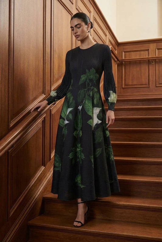 Mixed Media Botanical Basque Waist Dress