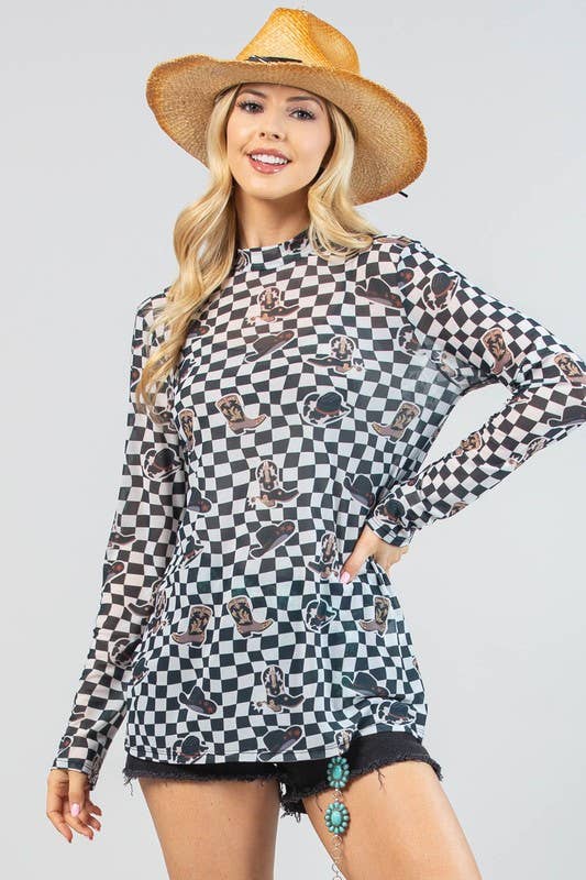 AV1230-VALERIE-5442 WESTERN PRINT CHECKERS PRINT MESH TOP