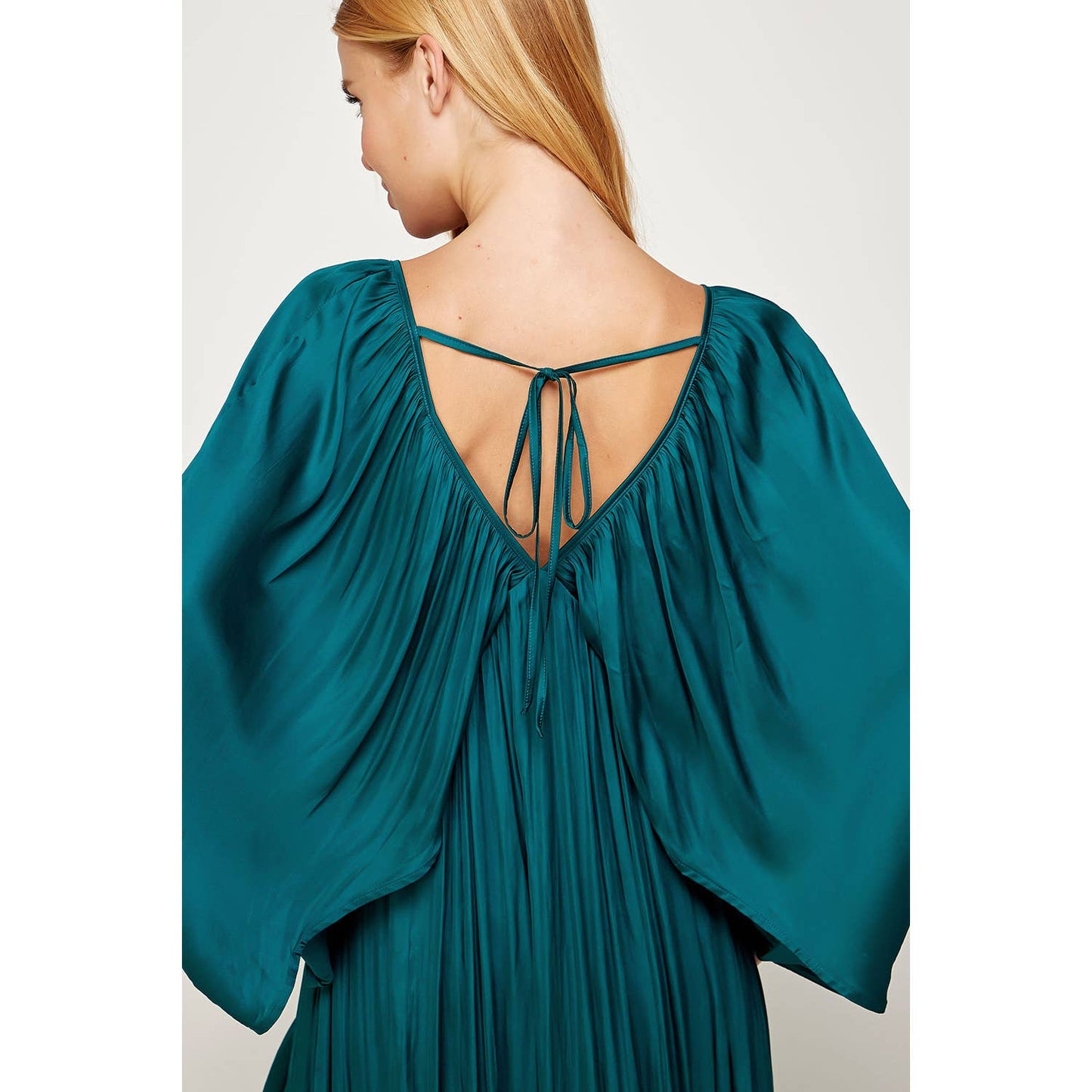 Shirred Satin Balloon Sleeve Maxi Dress