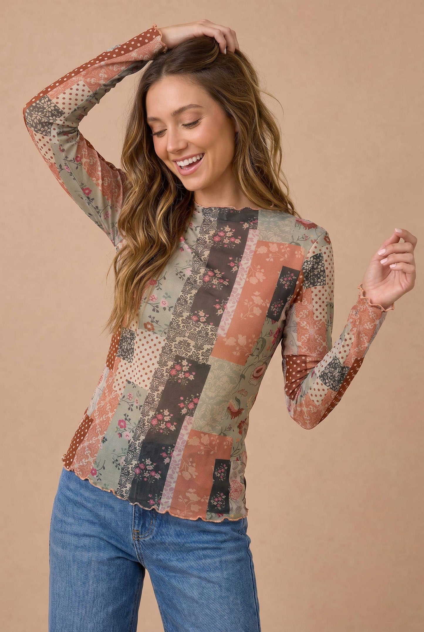 Plus Patchwork Mesh High Neckline Frilled Top