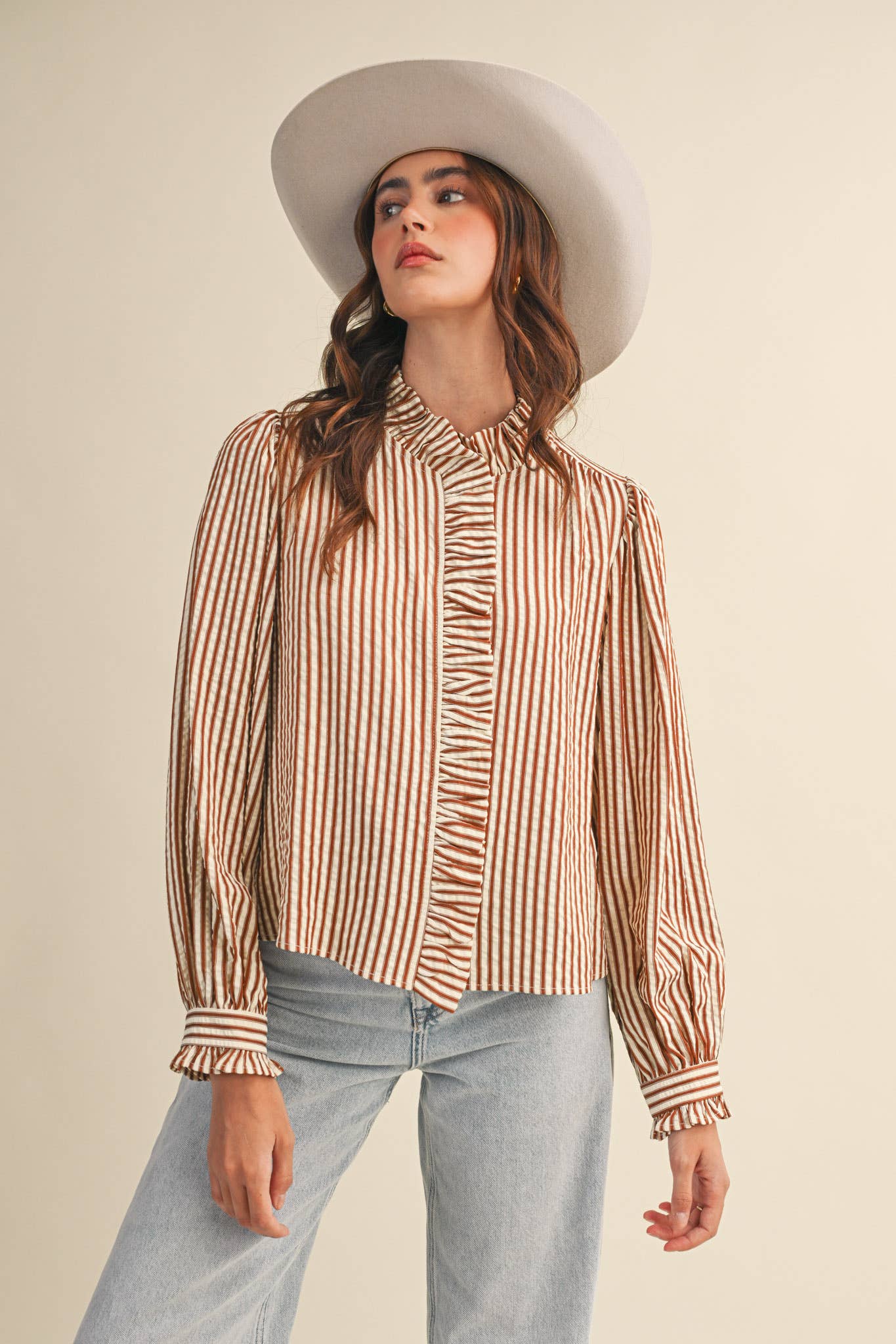 STRIPED RUFFLED BUTTON DOWN LONG SLEEVE TOP MTP4319