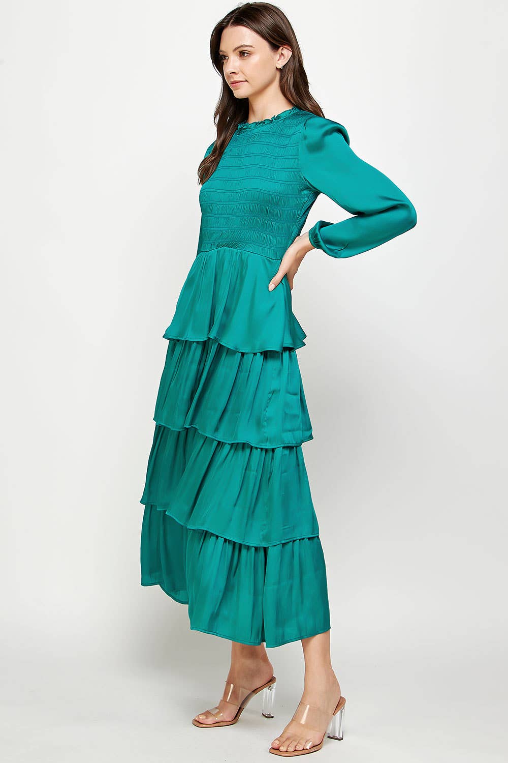 Smocked Detail Satin Tiered Dress