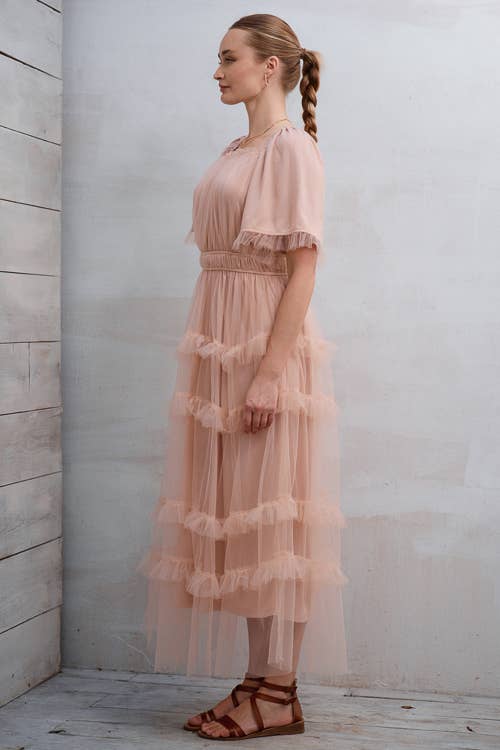 SHORT SLEEVE TULLE TIER MIDI DRESS