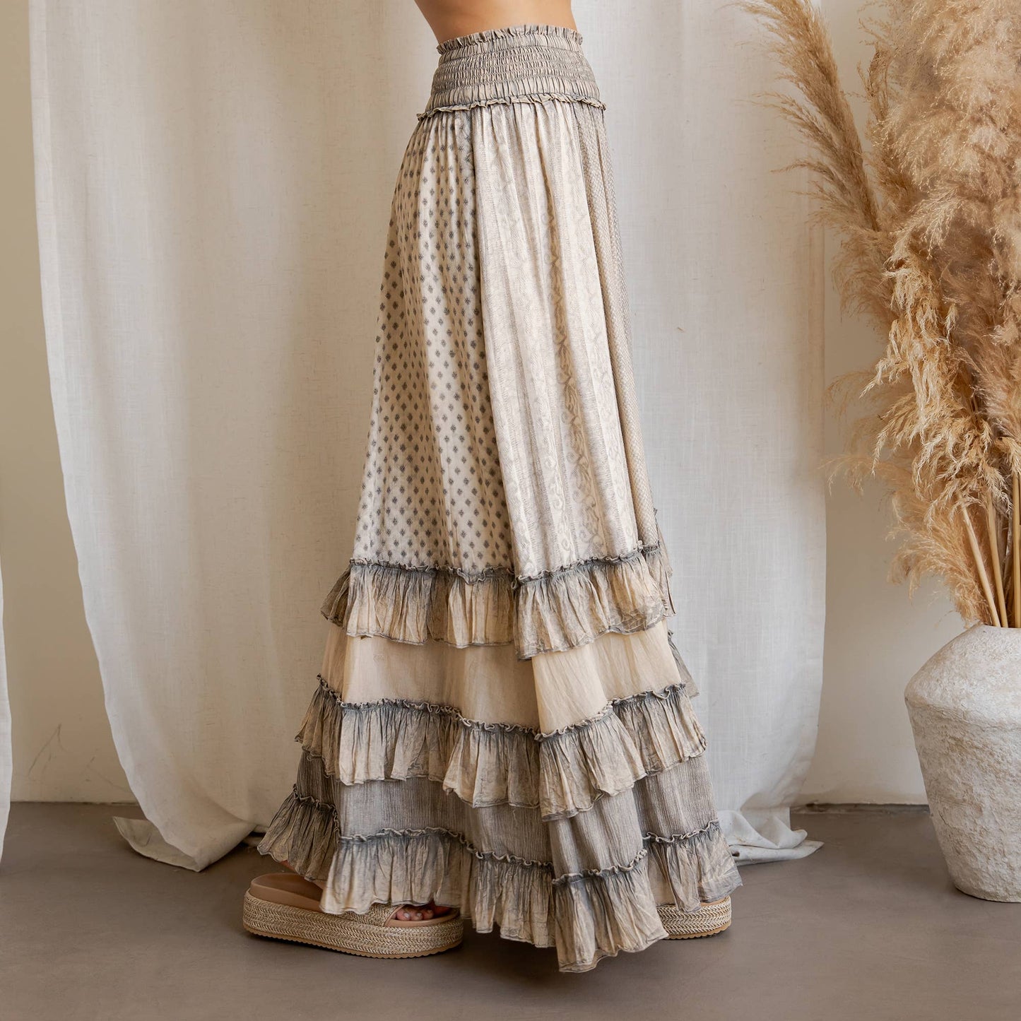 Rustic Smocked Waist Ruffled Tiered Maxi Skirt