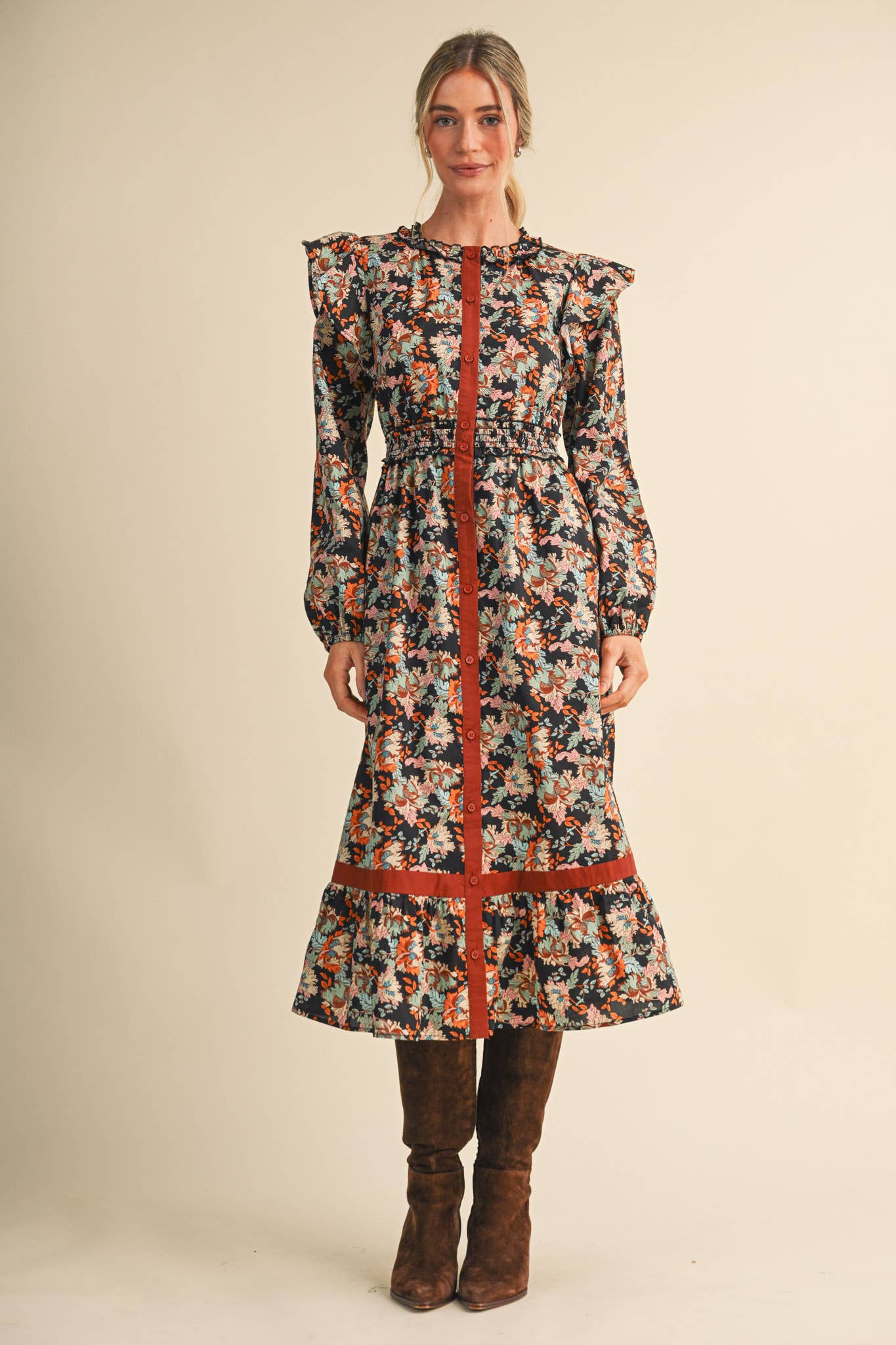 FLORAL BUTTON DOWN CONTRAST BINDING MIDI DRESS MDR5246