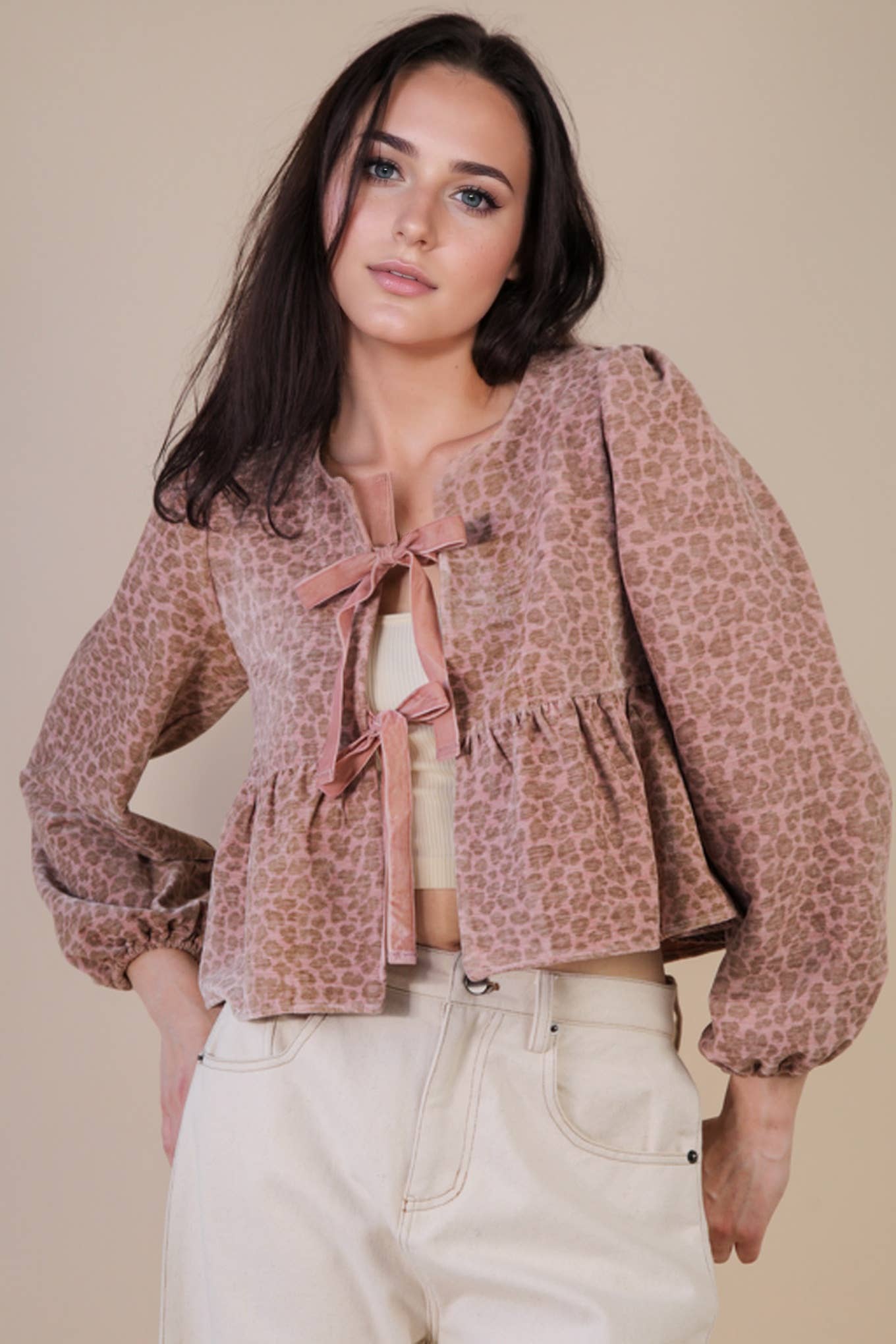 Leopard Printed Front Tie Woven Blouse Top