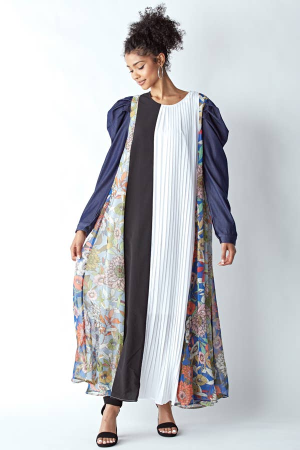 MIXED MATERIAL DRESS WITH PUFFED DENIM SLEEVES