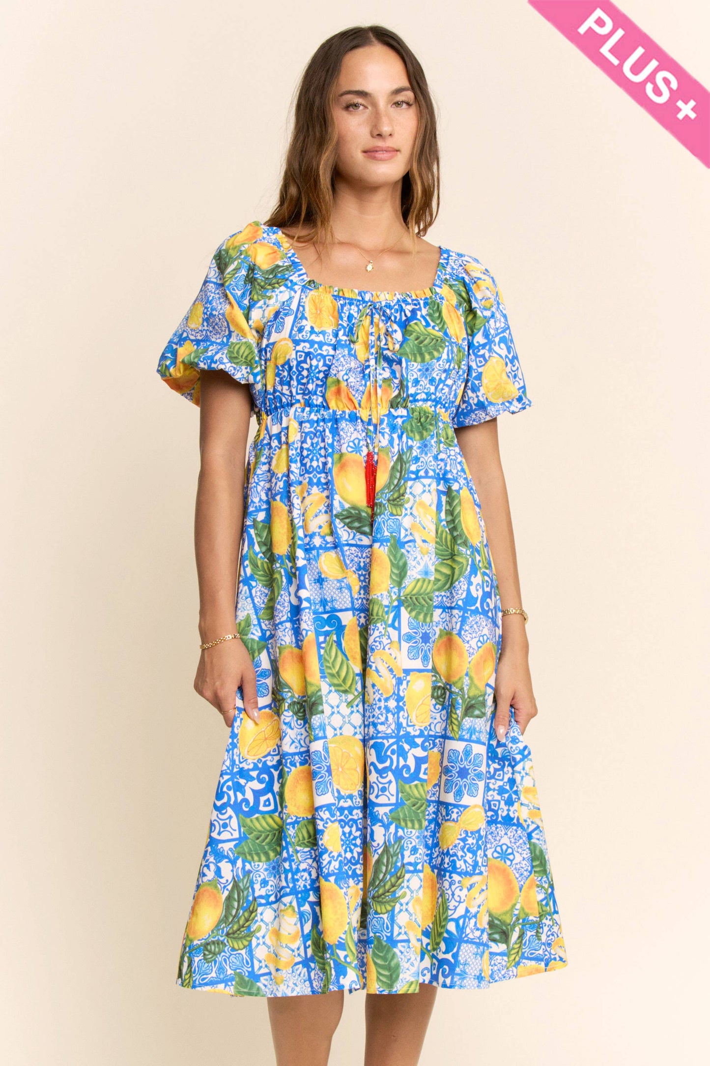 PLUS LEMON AZULEJO PUFFED SLEEVE SMOCK MIDI DRESS