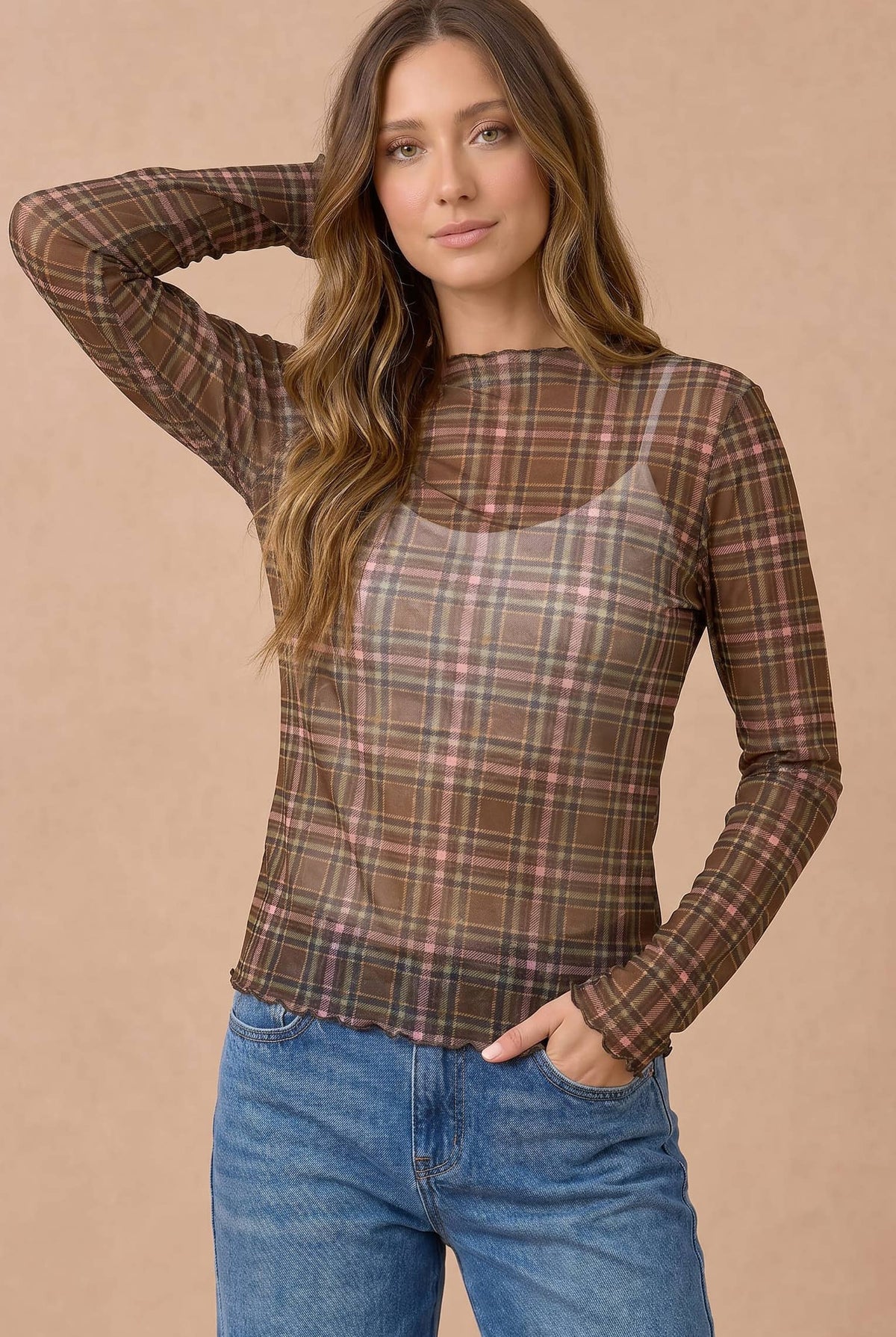 Plus Plaid Mesh Sheer Top