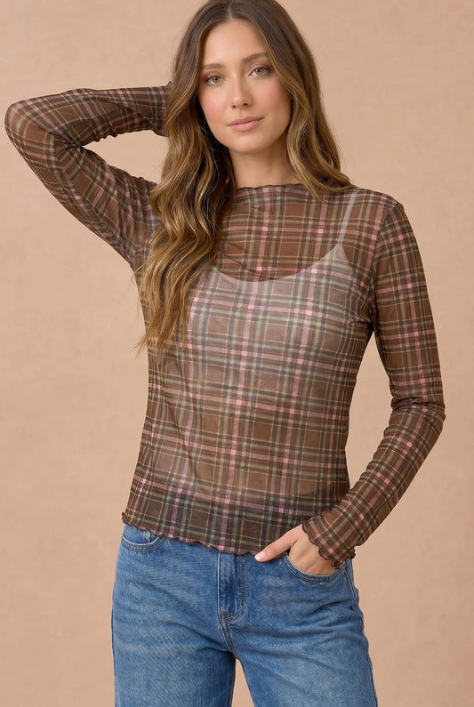 Plus Plaid Mesh Sheer Top