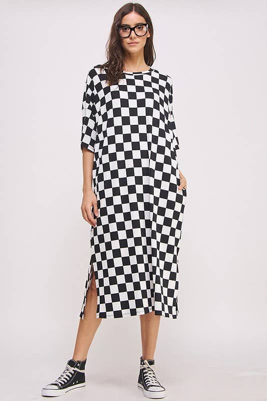 1/2 SLEEVE RIBBED CHECKERBOARD MIDI DRESS