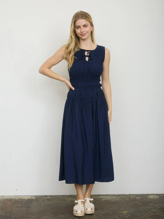 Navy Blue Keyhole Smocked Midi Dress