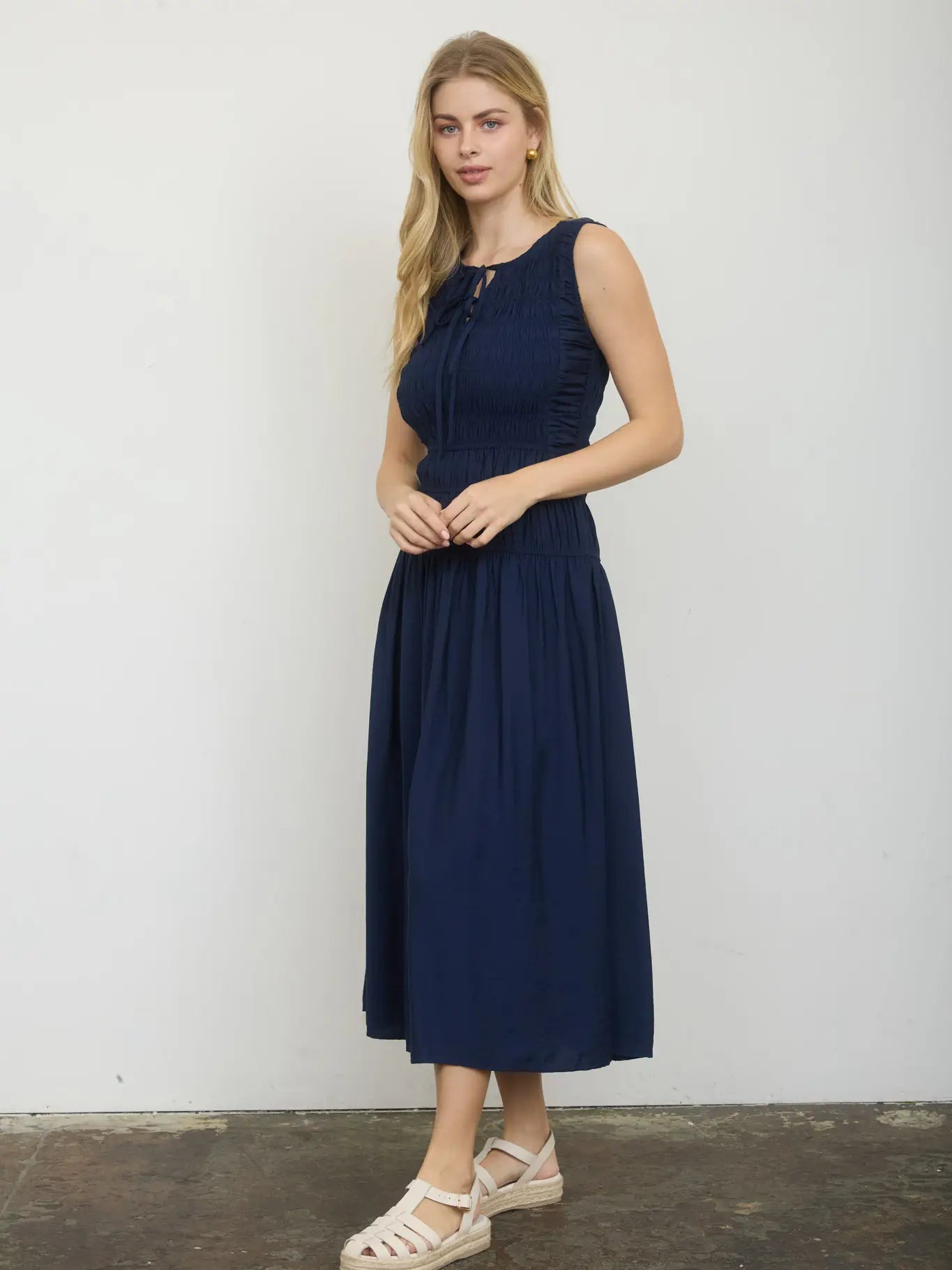 Navy Blue Keyhole Smocked Midi Dress