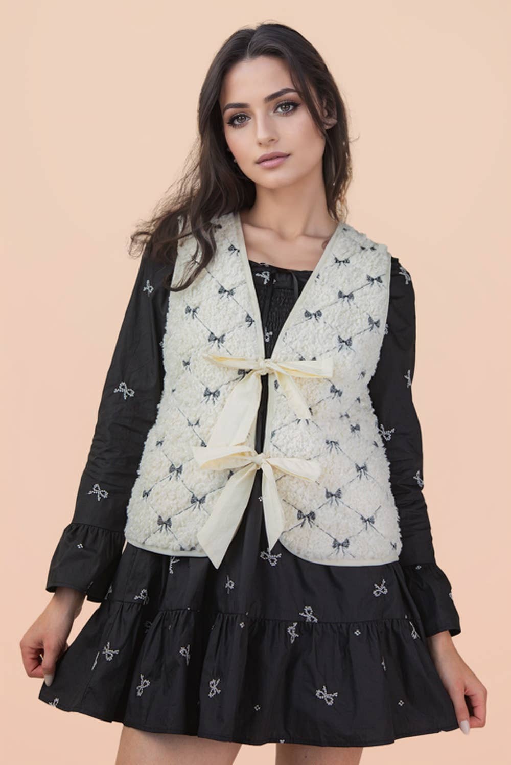 Bow Printed Sherpa Quilt Casual Vest