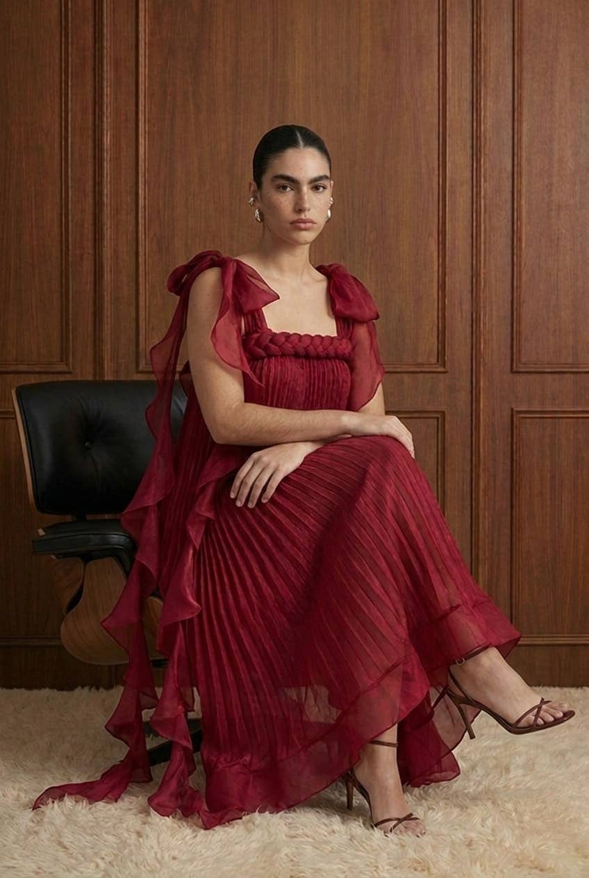 Braided Plissé Ruffle Trapeze Maxi Dress