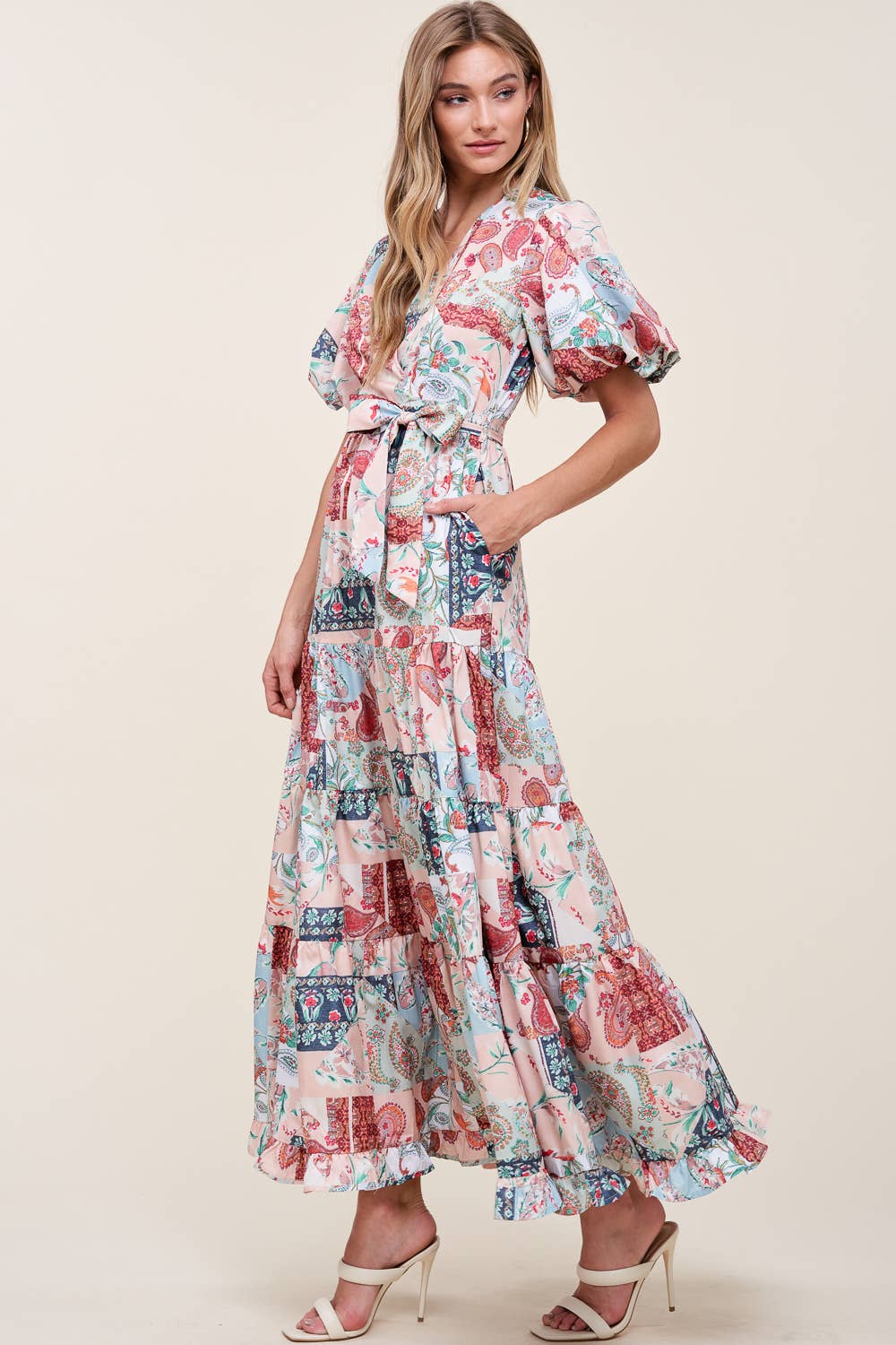 PRINTED V NECK DRESS WITH SELF TIE BOW