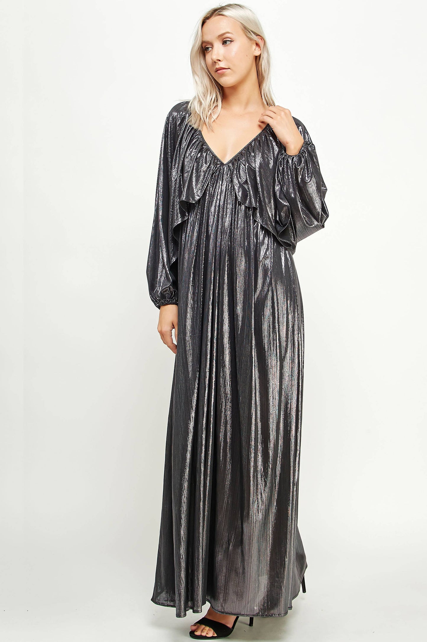 Shirred Metallic Maxi Dress