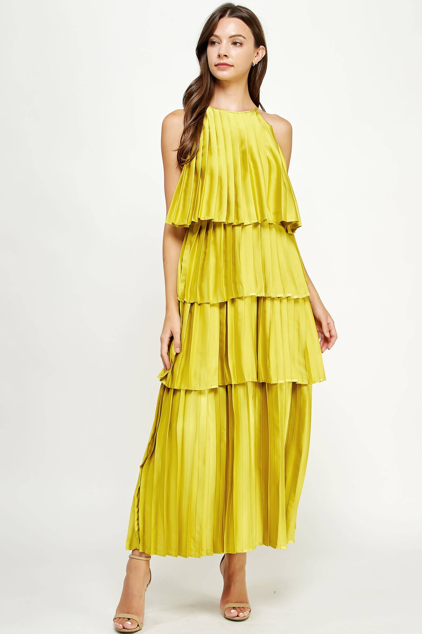 Pleated Satin Tiered Maxi Dress