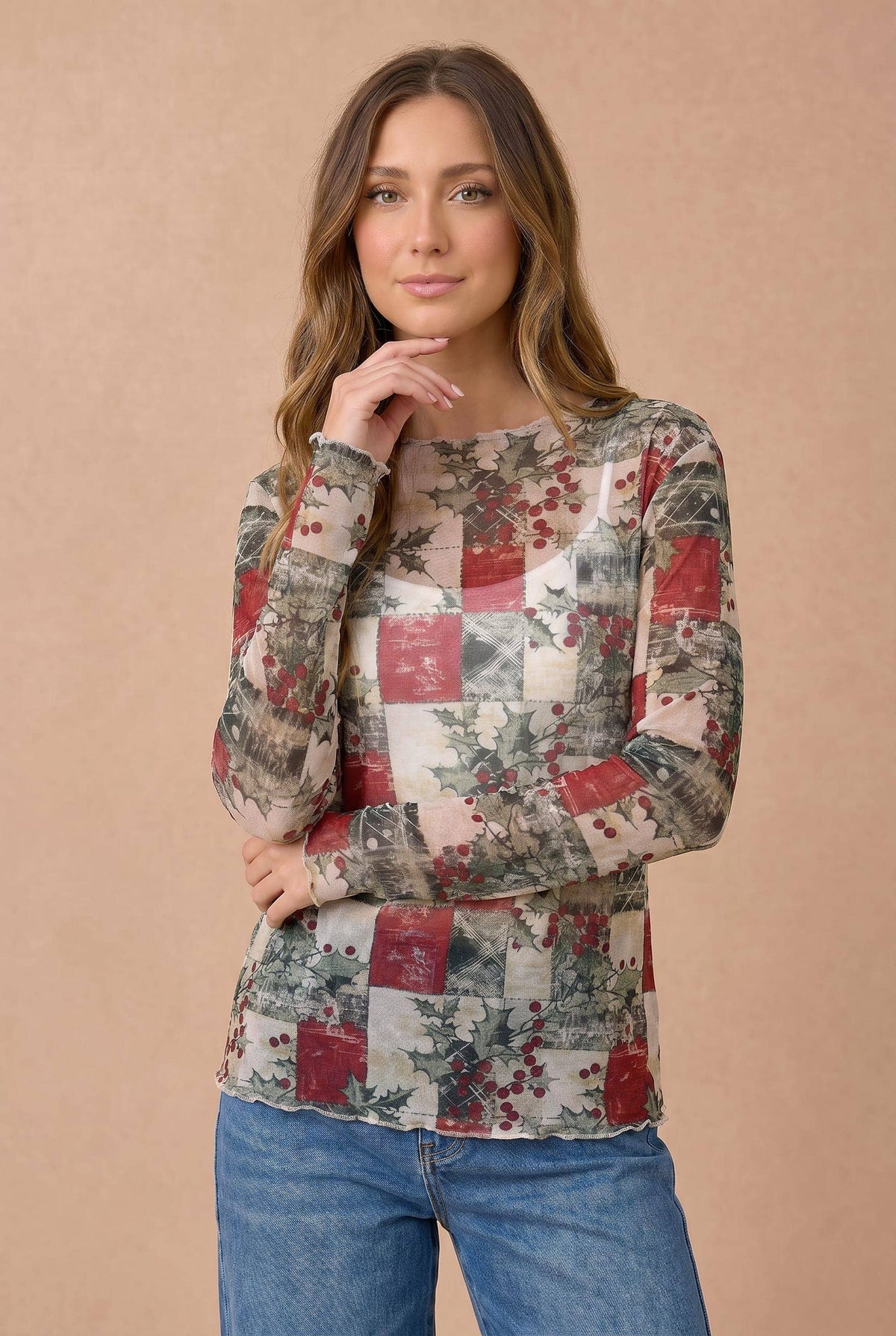 Mistletoe Semi Sheer Mesh Frilled Hem Top