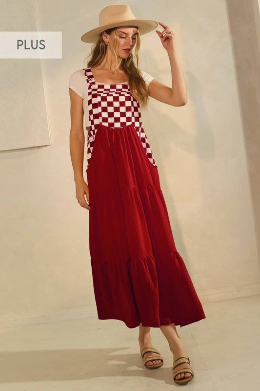 Plus Checkerboard Tiered Overall Dress