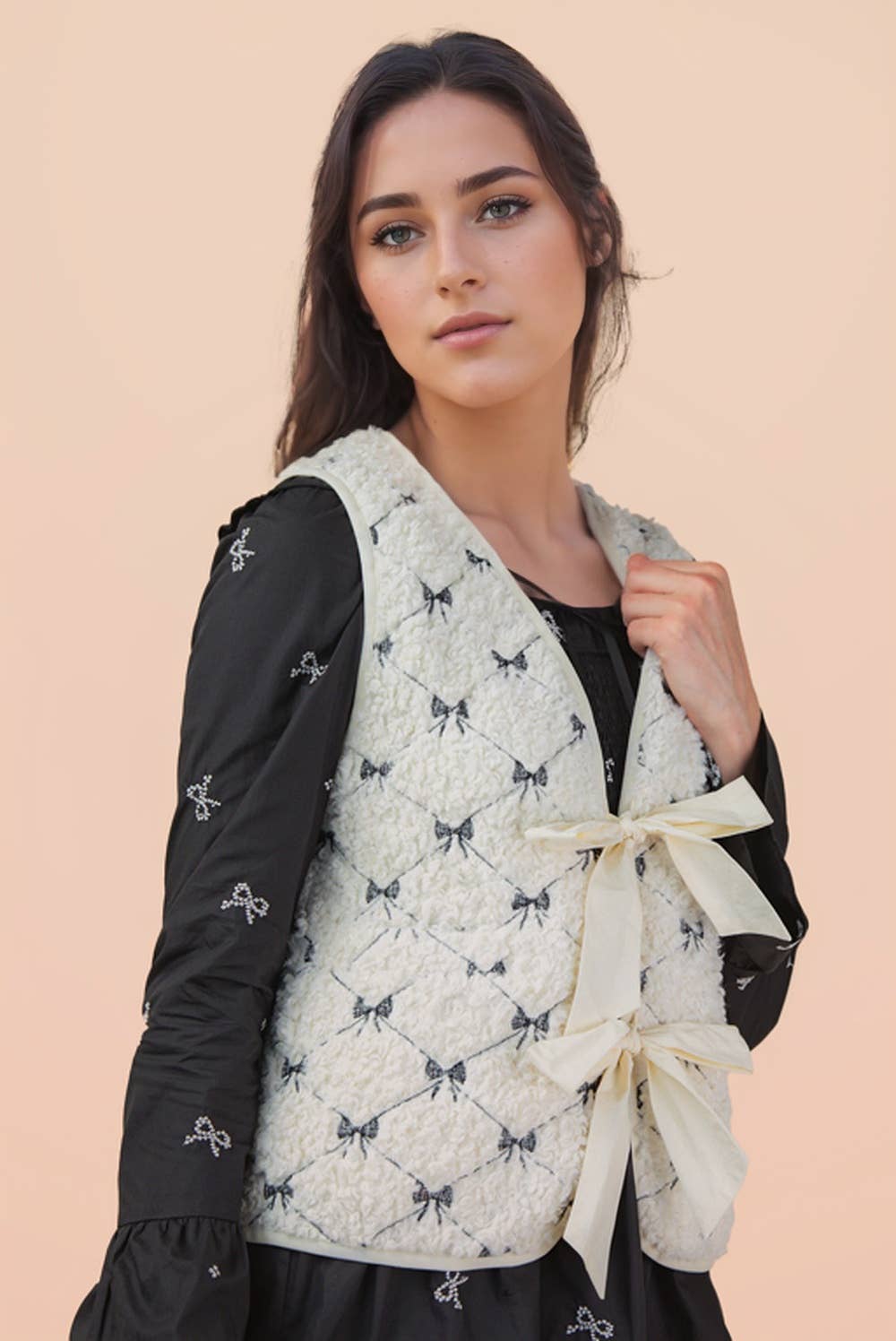 Bow Printed Sherpa Quilt Casual Vest