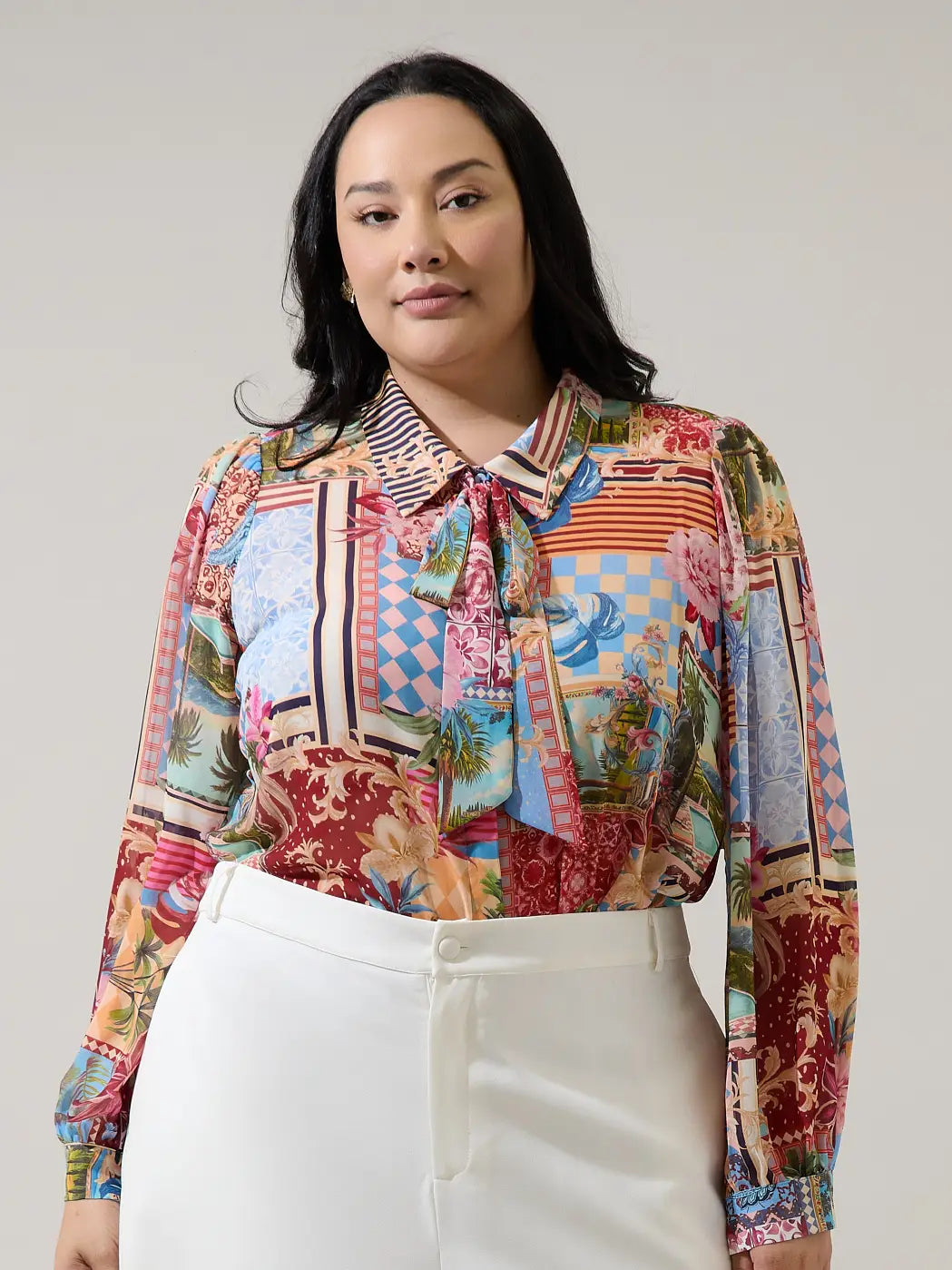 Melani Tropical Matra Long Sleeve Collared Blouse Curve