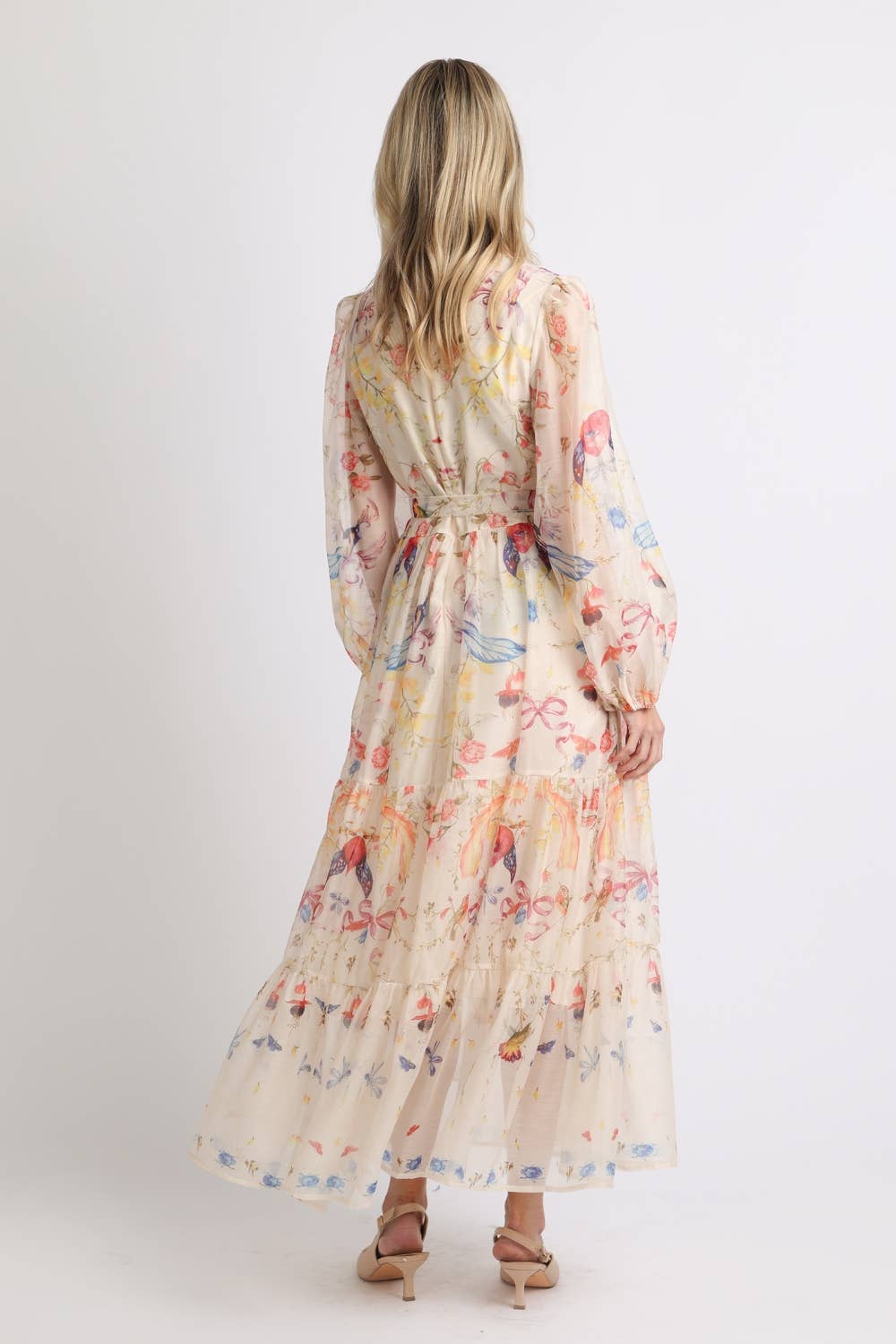 Multicolor Print Sheer Maxi Puff Dress
