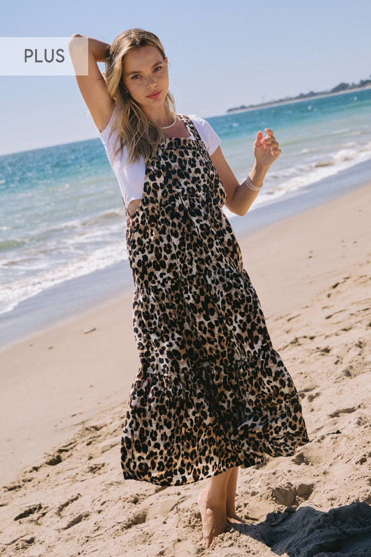Plus Leopard Printed Overall Tired Midi Dress