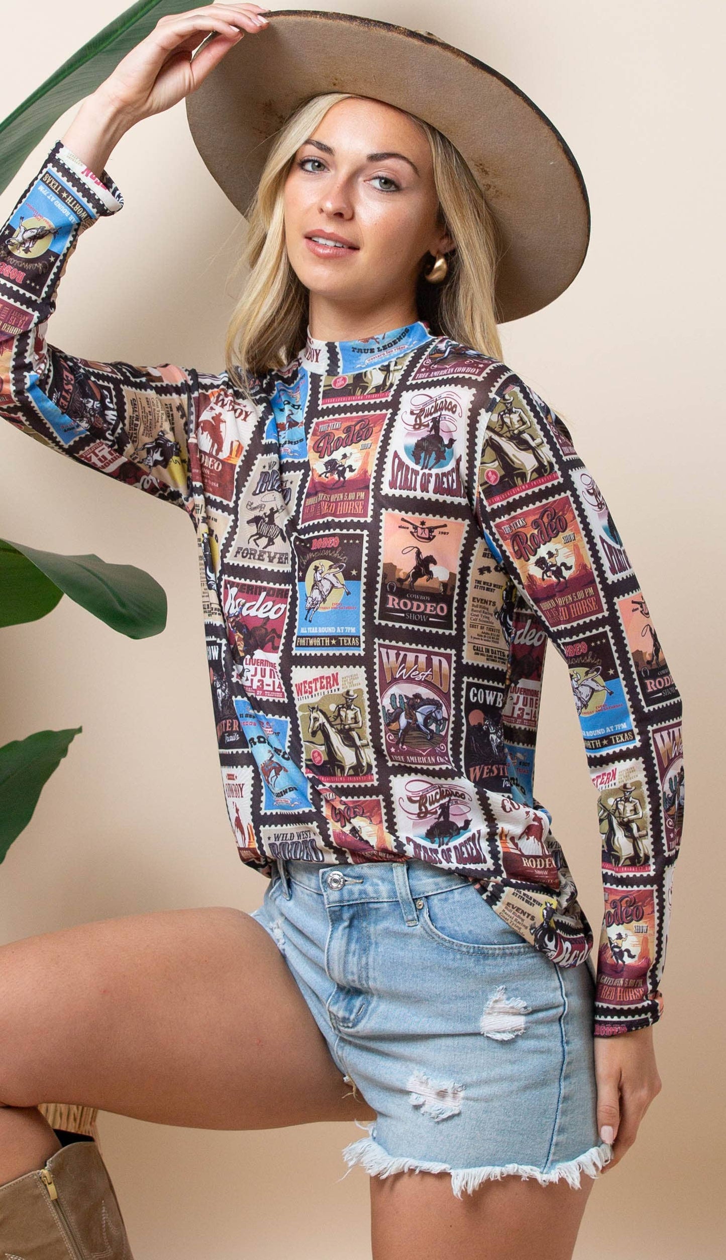 AV1230-EMELIE VINTAGE WESTERN PRINT MESH TOP